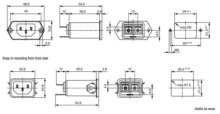 Mechanical Drawing - Schurter 5124 Power Entry Modules with Line Filter